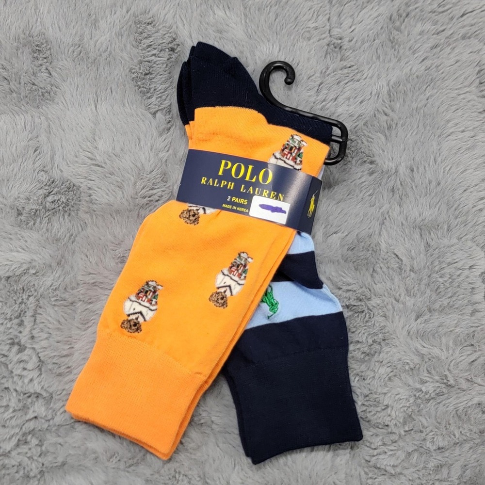 Polo Ralph Lauren Socks Mens 10-13 Orange Bear Navy Stripe Crew Mid Calf 2 Pairs